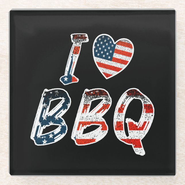 I love bbq, American patriotic Glass Coaster (Front)