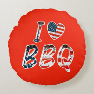 I Love BBQ, American Patriotic Round Cushion