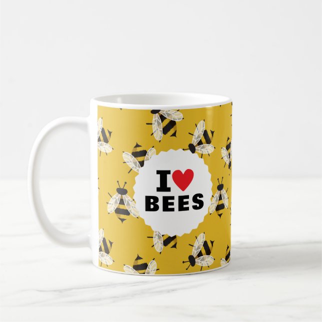 I Love Bees Patterned Yellow Coffee Mug (Left)