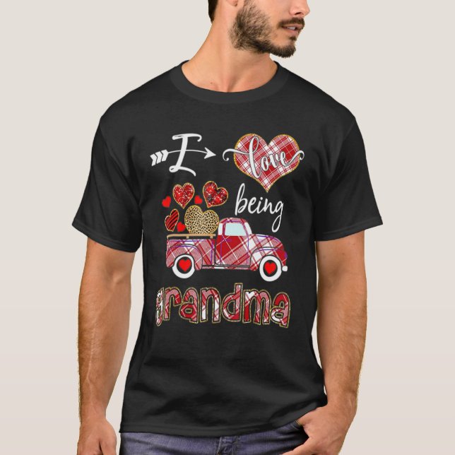 I Love Being Grandma Red Plaid Truck Hearts Valent T-Shirt (Front)
