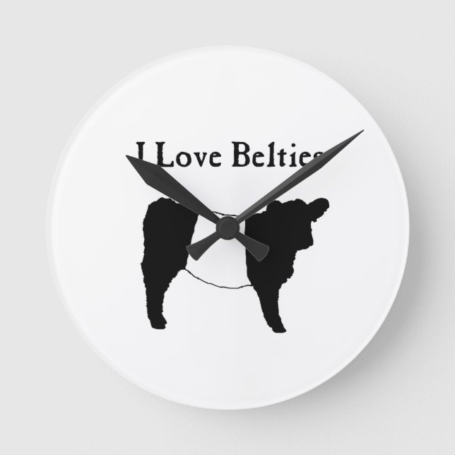 I Love Belties - Black White Belted Galloway Cows Round Clock (Front)