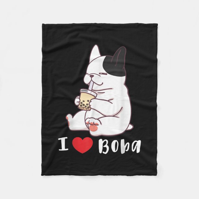 I Love Boba Bubble Tea Dog Cut French Bulldog Gift Fleece Blanket (Front)