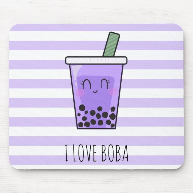 I Love Boba Kawaii Bubble Tea Taro Ube Purple Mouse Pad (Front)