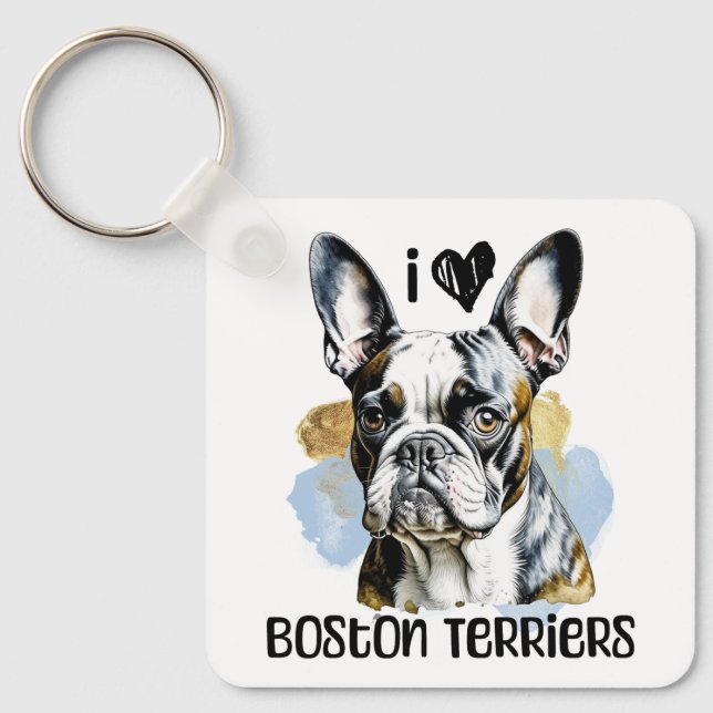 I Love Boston Terriers Personalised Key Ring (Front)