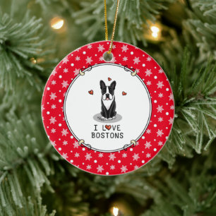 I Love Bostons Boston Terriers (black & white) Ceramic Ornament