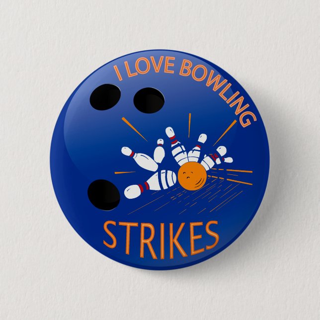 I LOVE BOWLING STRIKES 6 CM ROUND BADGE (Front)