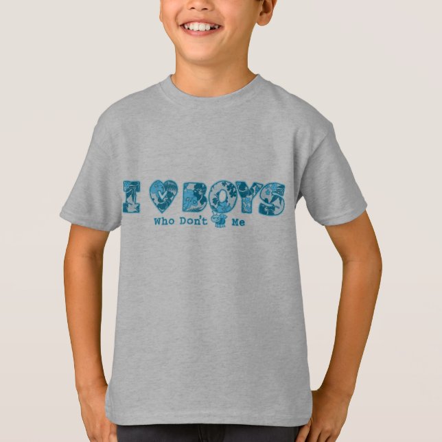 I Love Boys Bug and Hawaiian Print Cartoon Turq T-Shirt (Front)