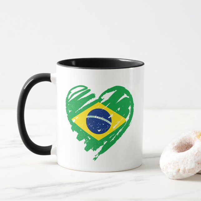 I Love Brazil - Brazilian Flag Heart Mug (With Donut)