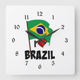 I Love Brazil, flag of Brazil Square Wall Clock