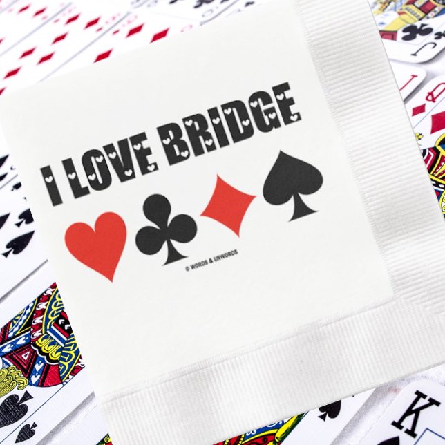 I Love Bridge Four Card Suits Napkin (Memorable paper napkin for any bridge-themed event. Napkin shows the 4 card suits & "I Love Bridge")