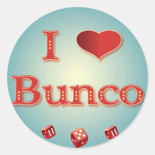 I Love Bunco in Red with red dice Classic Round Sticker