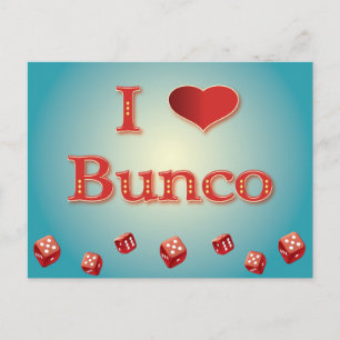 I Love Bunco in Red with red dice Postcard