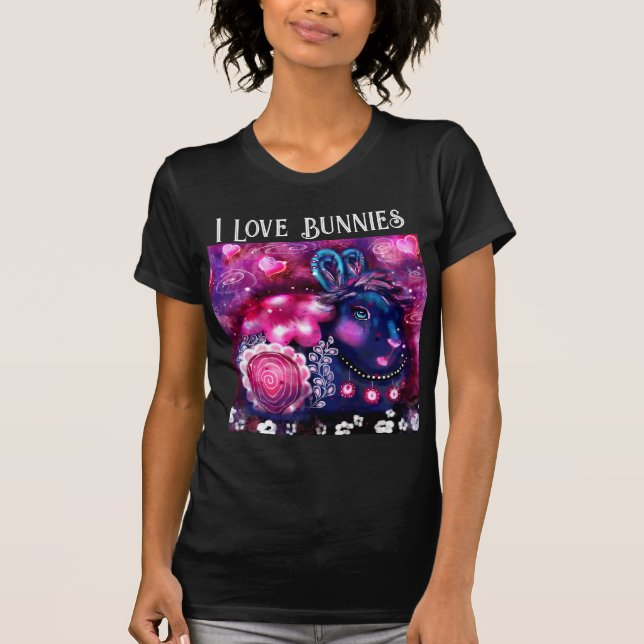 I Love Bunnies Whimsical Bunny Painting Art Pink T-Shirt (Front)