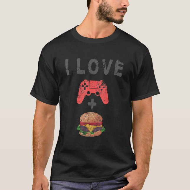 I Love Burger And Gaming  Retro Cheeseburger Gamer T-Shirt (Front)