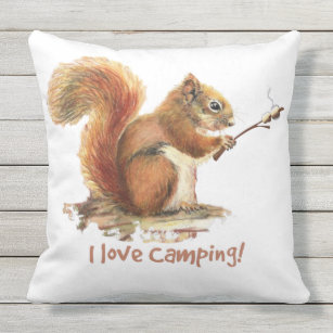 "I love Camping" Squirrel Roasting Marshmallows Outdoor Cushion