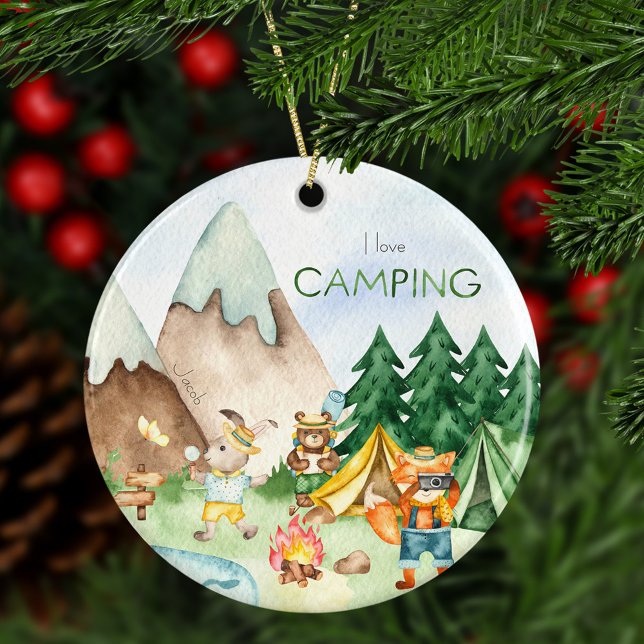 I Love Camping Woodland Animal Kids Christmas Ceramic Ornament (Creator Uploaded)