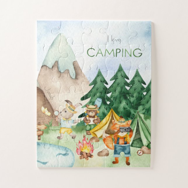 I Love Camping Woodland Animal Kids Watercolor Jigsaw Puzzle (Vertical)