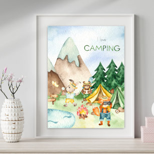 I Love Camping Woodland Animal Kids Watercolor Poster