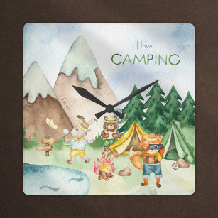 I Love Camping Woodland Animal Kids Watercolor Square Wall Clock