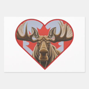 I Love Canada -Proud Canadian Moose and Maple Leaf Wrapping Paper Sheet