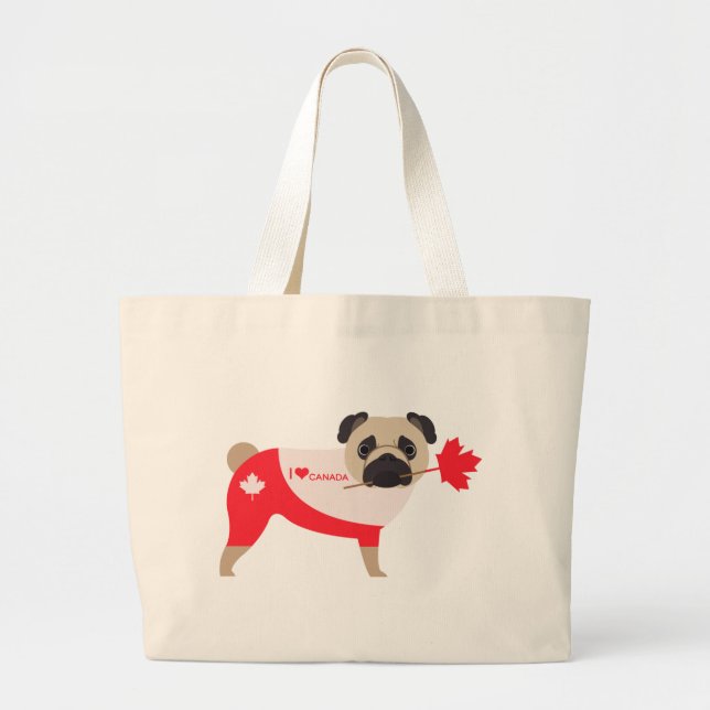 I Love Canada Pug Large Tote Bag (Front)