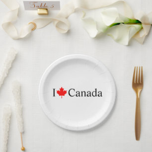 I Love Canada typography with red maple leaf party Paper Plate