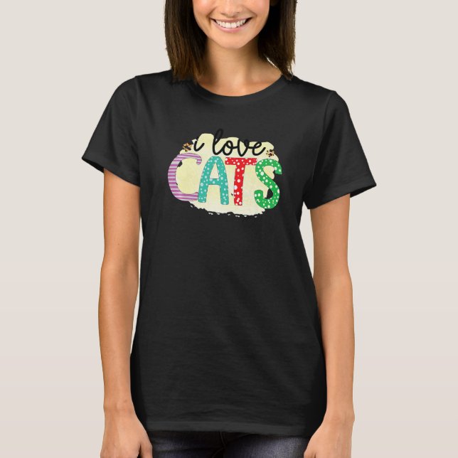 I Love Cats Graphic Patchwork Cat T-Shirt (Front)