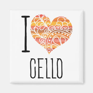 I Love Cello Orange Mandala Heart Magnet