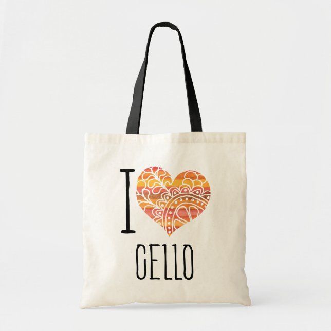 I Love Cello Orange Mandala Heart Tote Bag (Front)