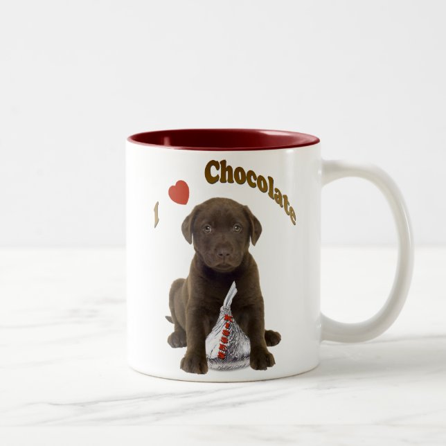 I Love Chocolate Kisses (Lab Puppy) Two-Tone Coffee Mug (Right)