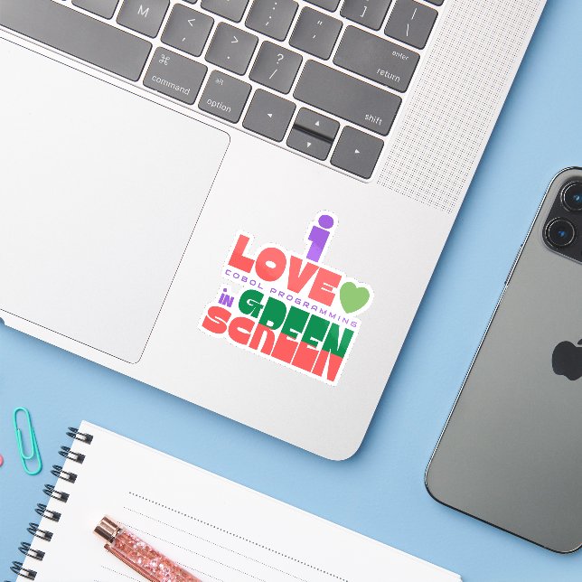 I Love Cobol Programming in Green Screen Sticker (Laptop w/ iPhone)