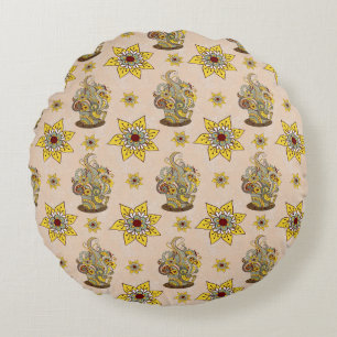 I love Coffee and Yellow flowers Round Cushion
