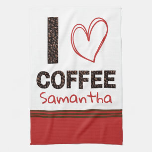 I Love Coffee Cafe Heart Name Brown Red Modern Tea Towel