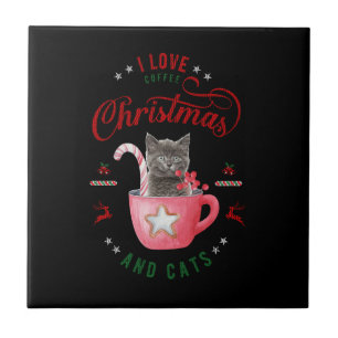 i love Coffee Christmas and Cats Joyful Greetings Ceramic Tile