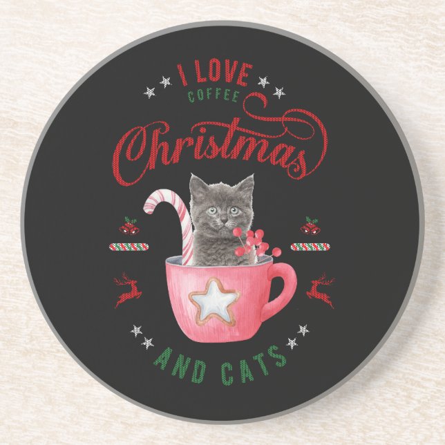 i love Coffee Christmas and Cats Joyful Greetings Coaster (Front)