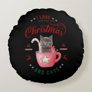i love Coffee Christmas and Cats Joyful Greetings Round Cushion