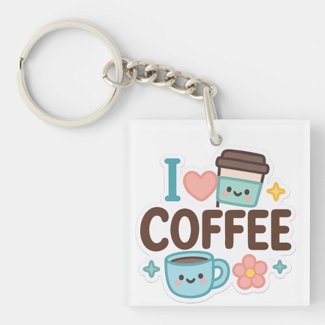 I Love Coffee Cute Kawaii Sticker – Adorable Coffe Key Ring (Front)