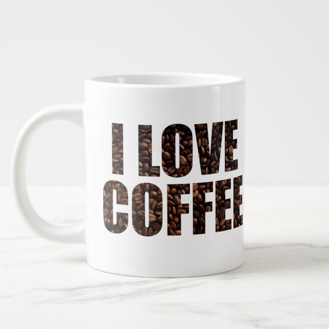 I Love Coffee in Roasted Coffee Beans Font Large Coffee Mug (Left)