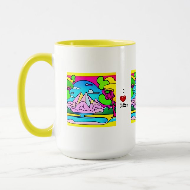 I Love Coffee-psychedelic mountain, stream & trees Mug (Left)