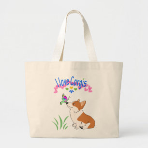 I love Corgis with Butterfly Large Tote Bag