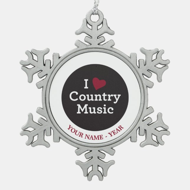 I Love Country Music Snowflake Pewter Christmas Ornament (Front)