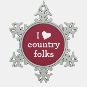 I Love Country Snowflake Pewter Christmas Ornament