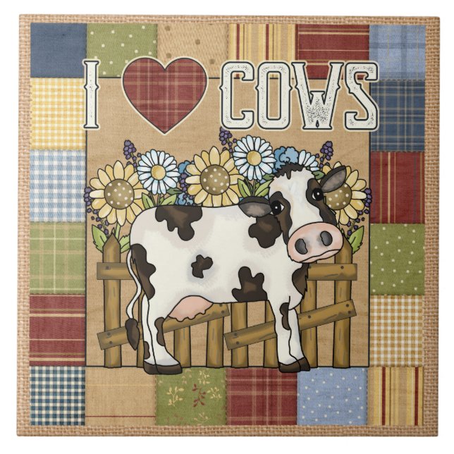 I Love Cows Country Patchwork Ceramic Tile (Front)