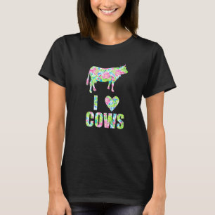 I Love Cows Pink Blue Flowers Pattern Heart Floral T-Shirt