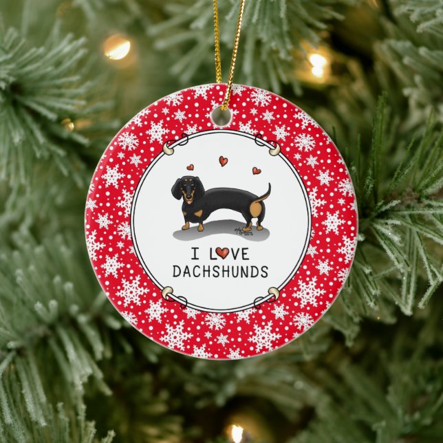 I Love Dachshunds Dachsies (black and tan) Cute Ceramic Ornament (Tree)
