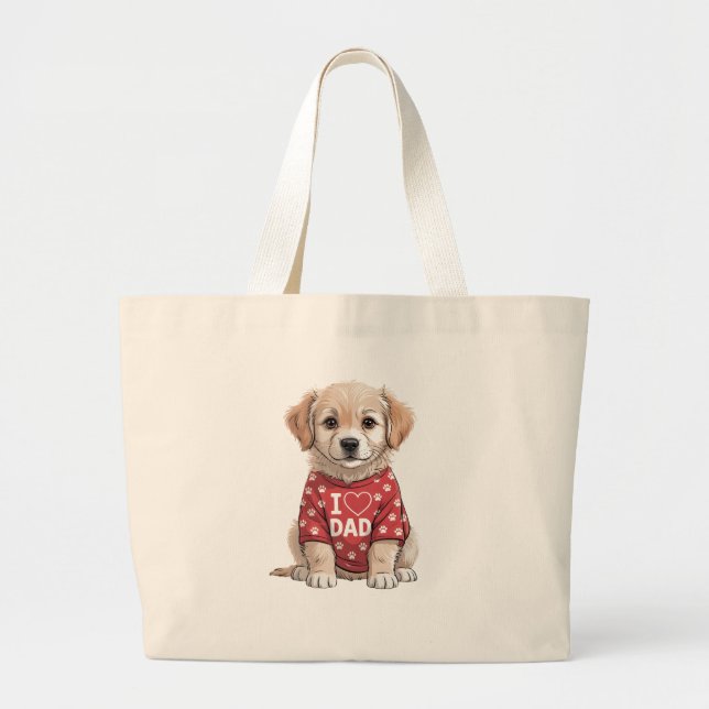 I Love Dad Cute Puppy Dog with Paw Prints Large Tote Bag (Front)