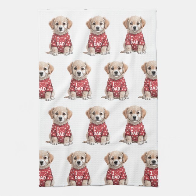I Love Dad Cute Puppy Dog with Paw Prints Tea Towel (Vertical)