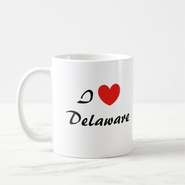 I Love Delaware Heart Typography Coffee Mug (Left)