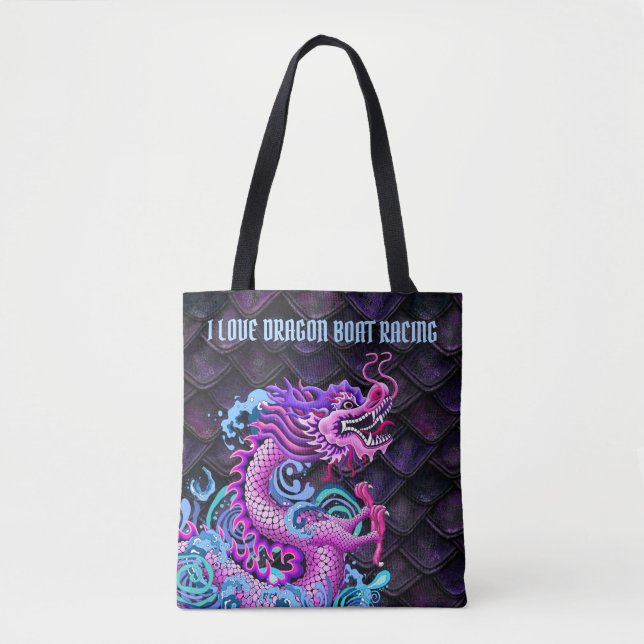 I love Dragon Boat Racing with Large Pink Dragon Tote Bag (Front)