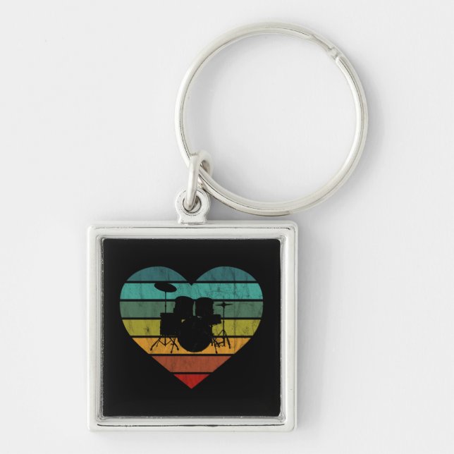 I Love Drums Retro Heart Key Ring (Front)